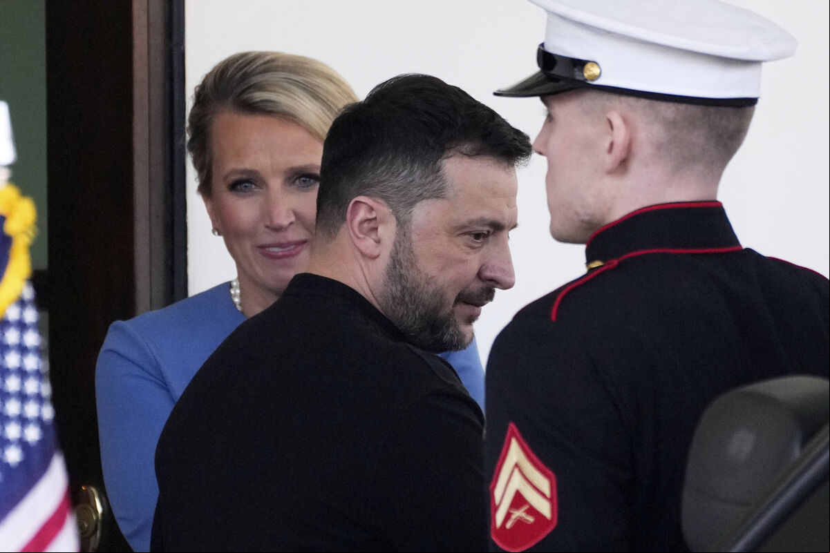 Ukraine's president Volodymyr Zelenskyy departs the White House in Washington, Friday. Picture: AP Photo/Ben Curtis.