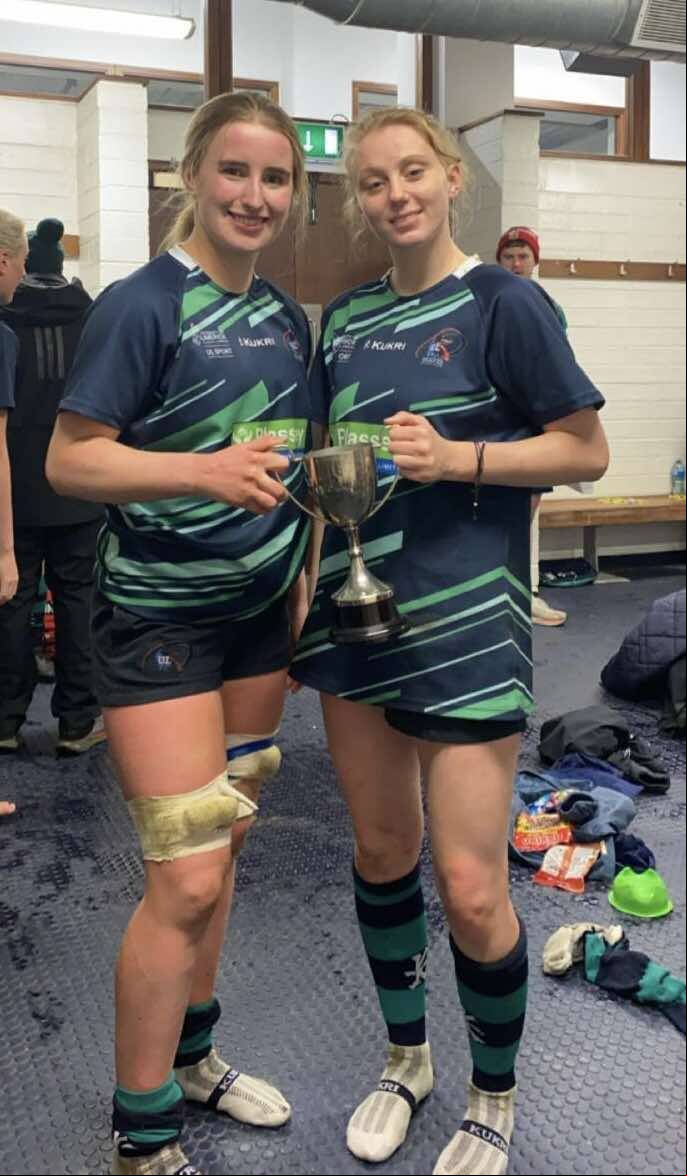 Caoimhe Murphy celebrates with Evanns Finn after University of Limerick won the All-Ireland Colleges Rugby League.