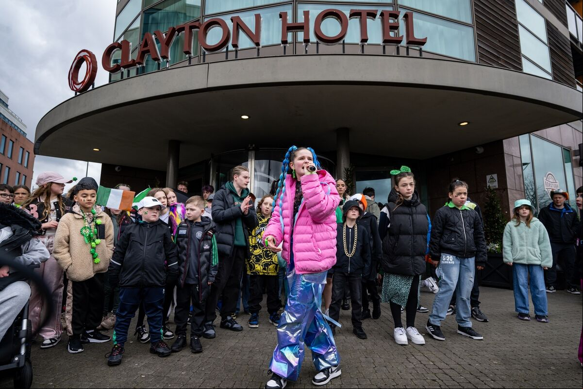 The Kabin Crew give an impromptu concert outside the Clayton before the Cork St Patrick’s Day parade. Picture: Chani Anderson