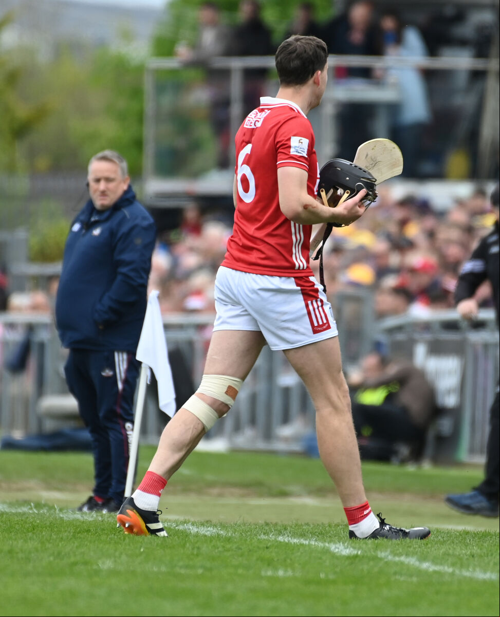 Cork manager Pat Ryan watches as captain Robert Downey goes off injured against Clare during the Munster SHC , round 1 at Zimmer Biomet Páirc Chíosóg, Ennis. Picture: Eddie O'Hare