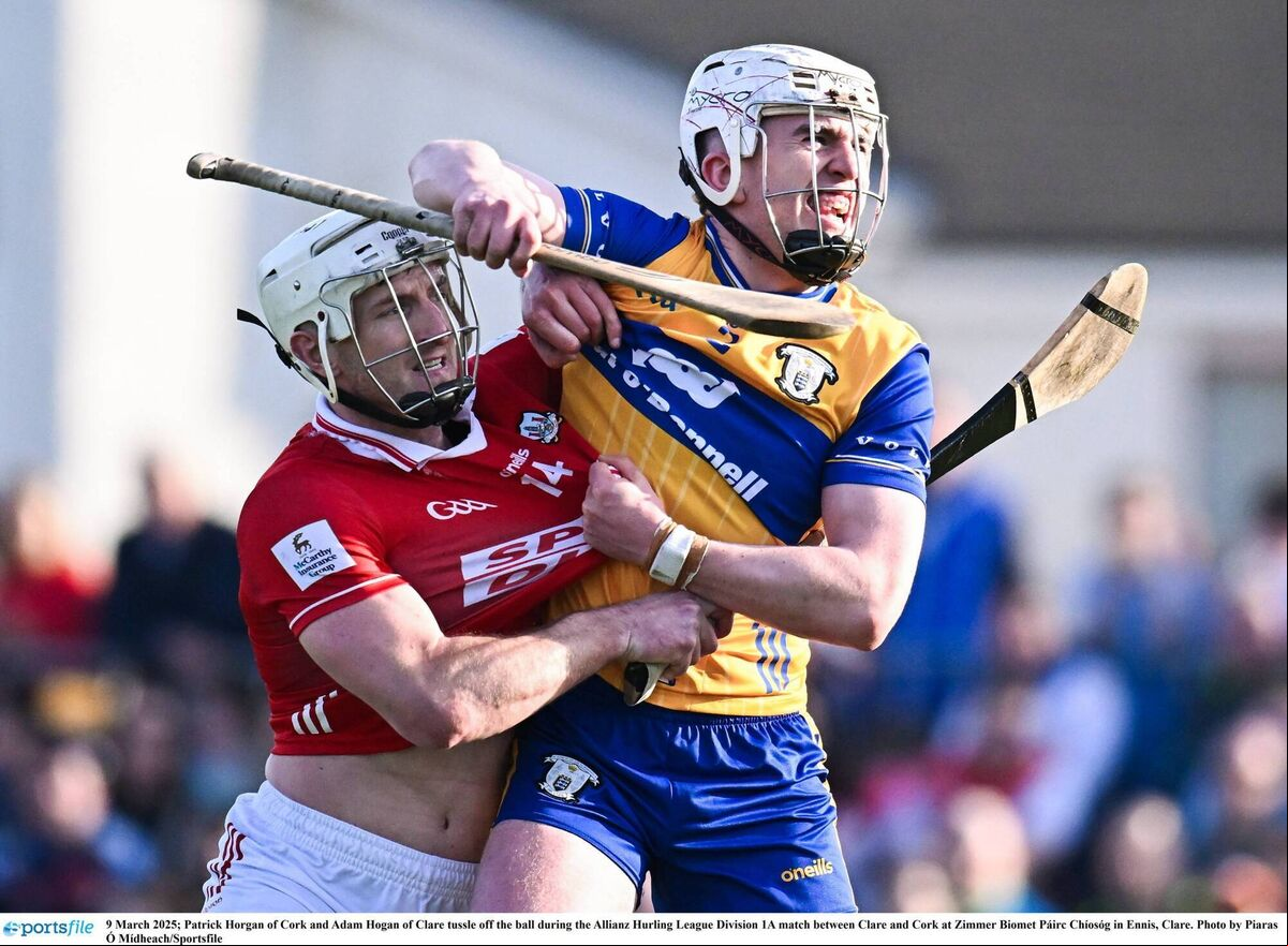 Patrick Horgan of Cork and Adam Hogan of Clare tussle off the ball during the Allianz Hurling League Division 1A match between Clare and Cork. Picture: Piaras Ó Mídheach/Sportsfile Patrick Horgan of Cork and Adam Hogan of Clare tussle off the ball during the Allianz Hurling League Division 1A match between Clare and Cork. Picture: Piaras Ó Mídheach/Sportsfile