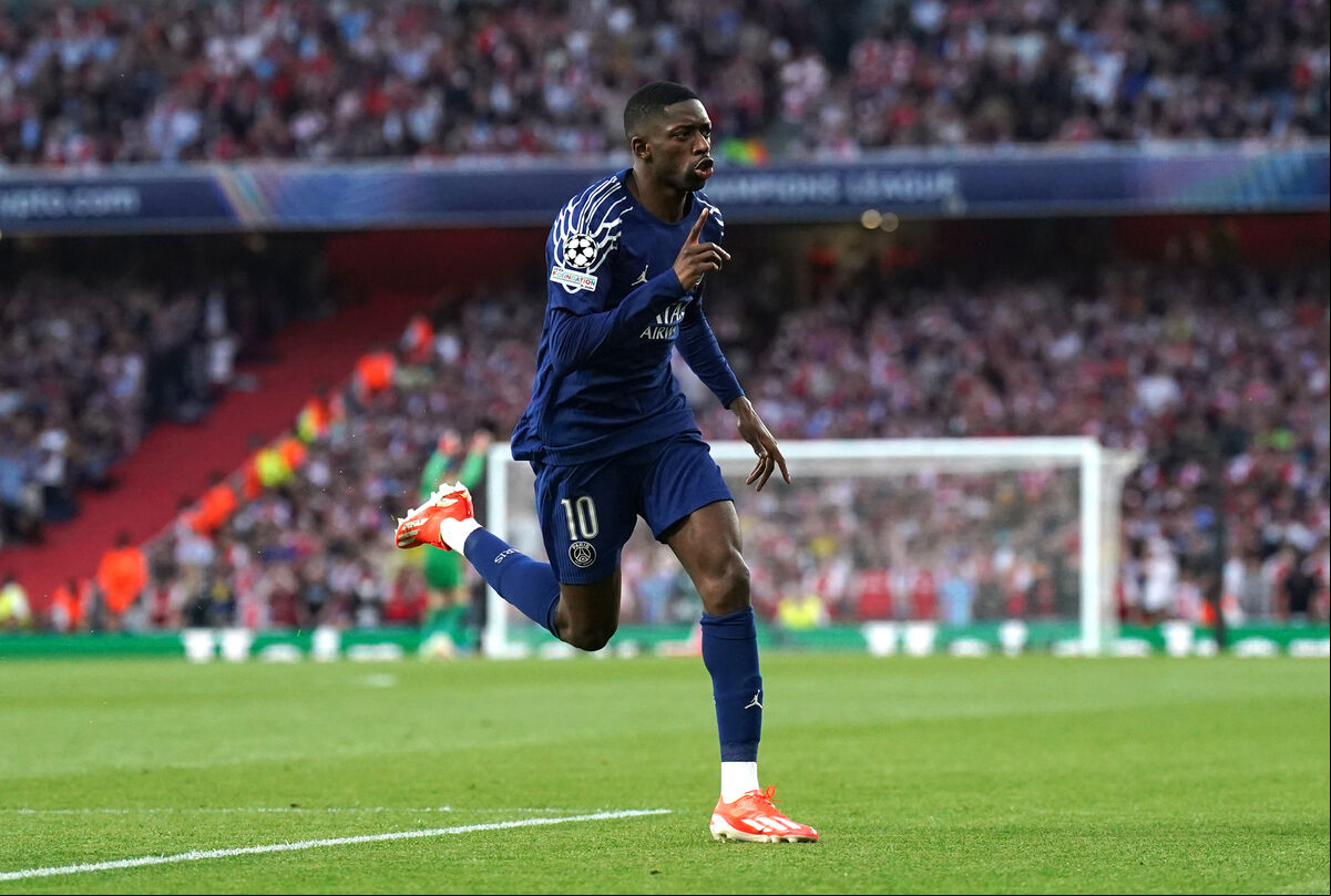 Paris Saint Germain's Ousmane Dembele celebrates scoring their winner during the UEFA Champions League semi final, first leg match at the Emirates Stadium, London. Paris Saint Germain's Ousmane Dembele celebrates scoring their winner during the UEFA Champions League semi final, first leg match at the Emirates Stadium, London.