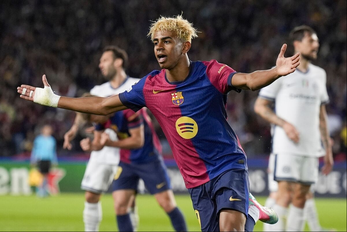 Barcelona's Lamine Yamal celebrates after scoring during the Champions League semifinal first leg soccer match between Barcelona and Inter Milan in Barcelona, Spain. Picture: AP Photo/Emilio Morenatti Barcelona's Lamine Yamal celebrates after scoring during the Champions League semifinal first leg soccer match between Barcelona and Inter Milan in Barcelona, Spain. Picture: AP Photo/Emilio Morenatti