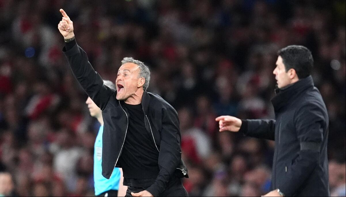 Paris Saint Germain manager Luis Enrique gestures on the touchline watched by Mikel Arteta during the UEFA Champions League semi final, first leg match at the Emirates Stadium, London. Picture: Adam Davy/PA Wire Paris Saint Germain manager Luis Enrique gestures on the touchline watched by Mikel Arteta during the UEFA Champions League semi final, first leg match at the Emirates Stadium, London. Picture: Adam Davy/PA Wire