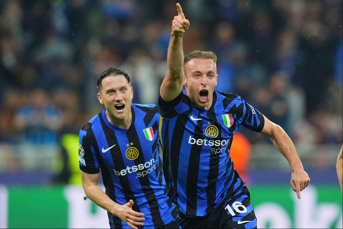 Inter Milan's Davide Frattesi, center, celebrates after scoring his side's winner during the Champions League semifinal second leg soccer match against Barcelona at San Siro stadium in Milan, Italy, on Tuesday. Picture: Spada/LaPresse via AP Inter Milan's Davide Frattesi, center, celebrates after scoring his side's winner during the Champions League semifinal second leg soccer match against Barcelona at San Siro stadium in Milan, Italy, on Tuesday. Picture: Spada/LaPresse via AP