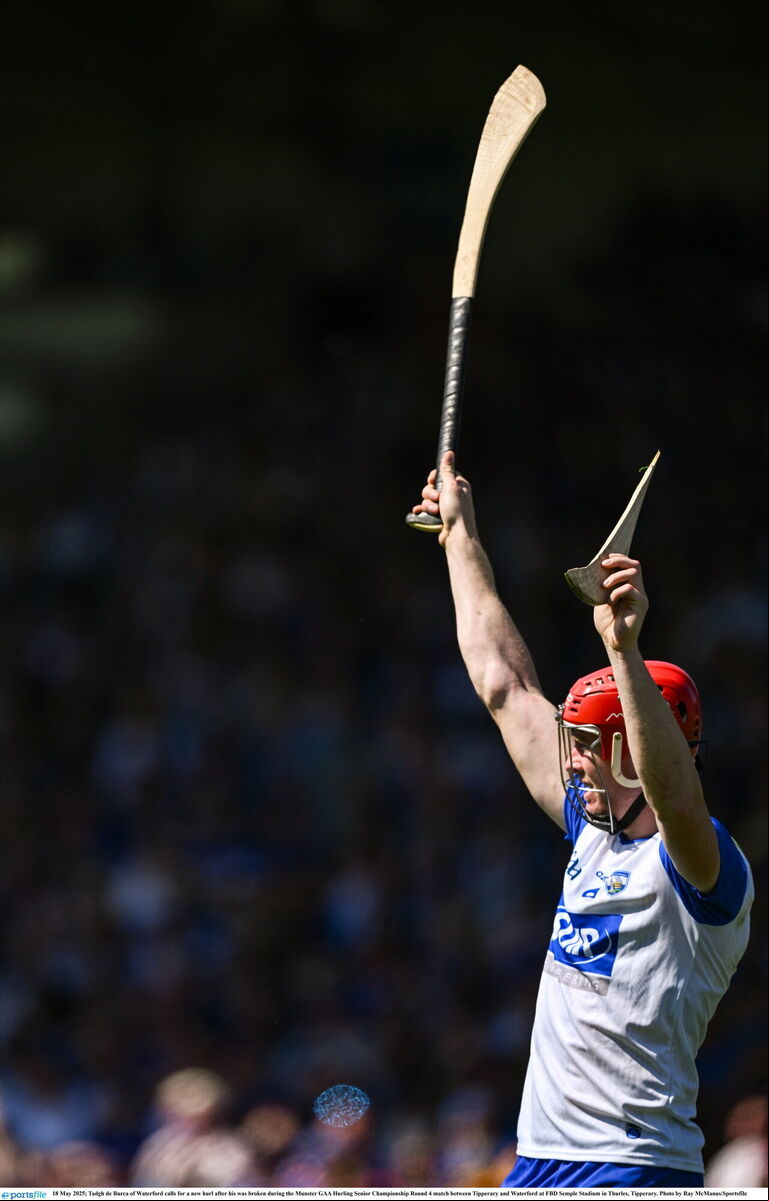 Tadgh de Burca of Waterford calls for a new hurley after his was broken. Picture: Ray McManus/Sportsfile Tadgh de Burca of Waterford calls for a new hurley after his was broken. Picture: Ray McManus/Sportsfile