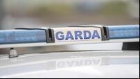 Garda sign and blue lights on a Garda car.