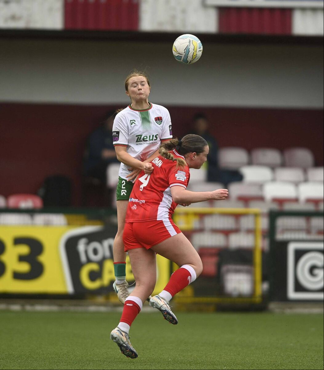 Cork City’s Fiana Bradley heads clear from Cliftonville’s Grace McKimm, in the All-Island Cup. Picture: Mark Marlow Cork City’s Fiana Bradley heads clear from Cliftonville’s Grace McKimm, in the All-Island Cup. Picture: Mark Marlow