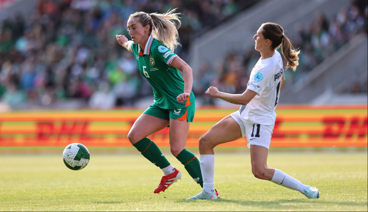 Ireland's Megan Connolly holds off Lara Prašnikar of Slovenia. Picture: INPHO/Ryan Byrne Ireland's Megan Connolly holds off Lara Prašnikar of Slovenia. Picture: INPHO/Ryan Byrne