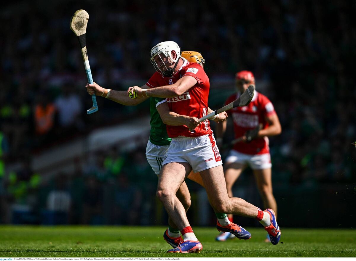 Tim O'Mahony of Cork is tackled by Adam English of Limerick at TUS Gaelic Grounds. Picture: Sam Barnes/Sportsfile Tim O'Mahony of Cork is tackled by Adam English of Limerick at TUS Gaelic Grounds. Picture: Sam Barnes/Sportsfile