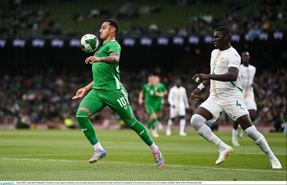 Adam Idah of Republic of Ireland in action against Abdoulaye Seck of Senegal. Picture: Ben McShane/Sportsfile Adam Idah of Republic of Ireland in action against Abdoulaye Seck of Senegal. Picture: Ben McShane/Sportsfile