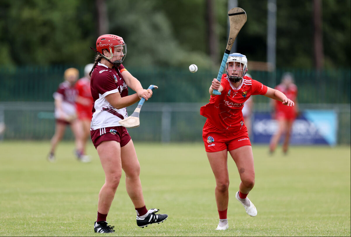  Avril Cashman, Cork battling, Laura Kelly, Galway. Picture: Jim Coughlan.