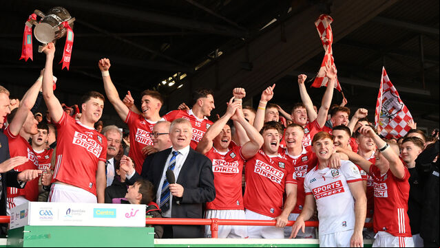 <p>Cork captain Robert Downey raises the Mick Mackey Cup after defeating Limerick at TUS Gaelic Grounds. Picture: Eddie O'Hare</p> <p>Cork captain Robert Downey raises the Mick Mackey Cup after defeating Limerick at TUS Gaelic Grounds. Picture: Eddie O'Hare</p>