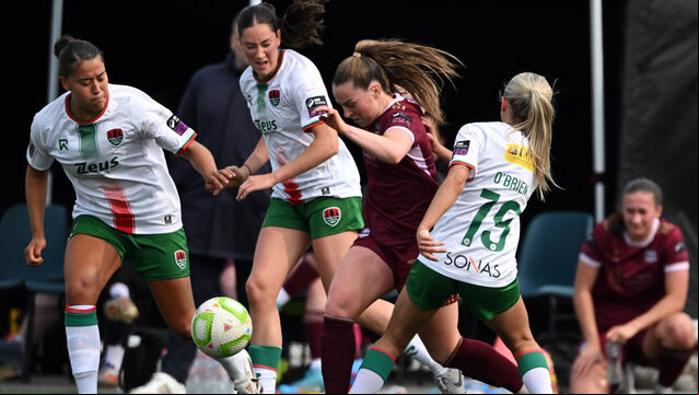 <p>Ellie O’Brien, Kiera Sena and Aoibhin Donnelly, Cork City in action against Aislinn Meaney, Galway United in the Women’s All-Ireland Cup Group B at Moyne Villa pitch, Headford. Photo: Ray Ryan</p>