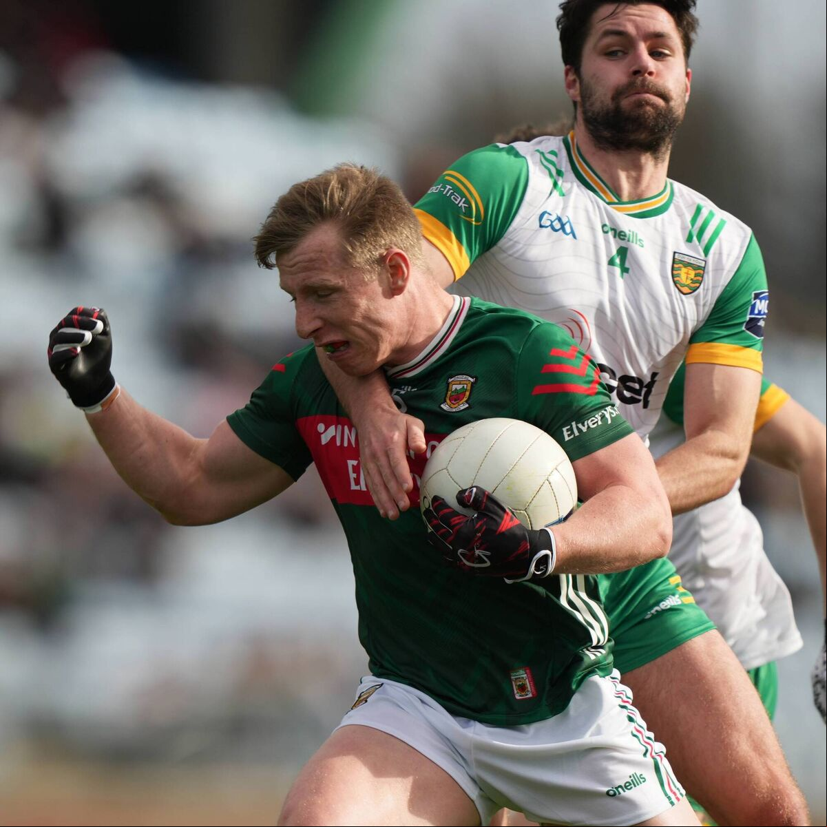 Ryan O'Donoghue of Mayo is challenged by Donegal's Brendan McCole - the counties meet each other on Sunday. Picture: Inpho/James Lawlor Ryan O'Donoghue of Mayo is challenged by Donegal's Brendan McCole - the counties meet each other on Sunday. Picture: Inpho/James Lawlor