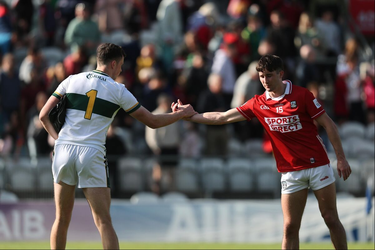 Kerry goalkeeper Shane Ryan and Chris Óg Jones of Cork shake hands. Picture: INPHO/Bryan Keane Kerry goalkeeper Shane Ryan and Chris Óg Jones of Cork shake hands. Picture: INPHO/Bryan Keane
